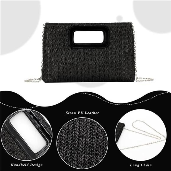 Straw Clutch Top Handbags Raffia Bag Black - Picture 4 of 6